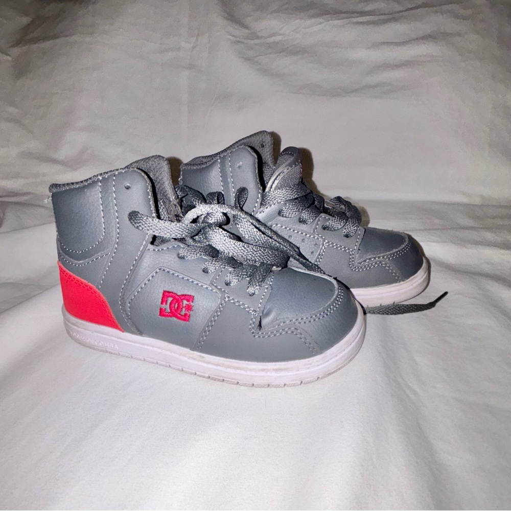 DC Spark Gray and Red High Top Sneakers